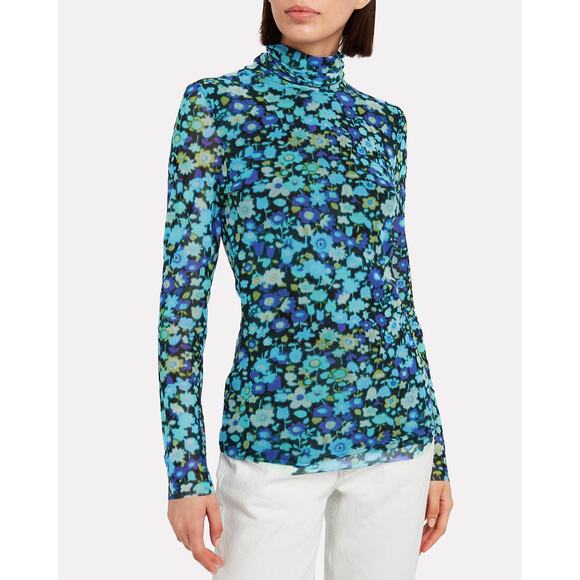 GANNI Mesh Turtle Neck Top Long Sleeves‎ Blue Flower Women’s Size 36 (US 4) - Picture 1 of 9